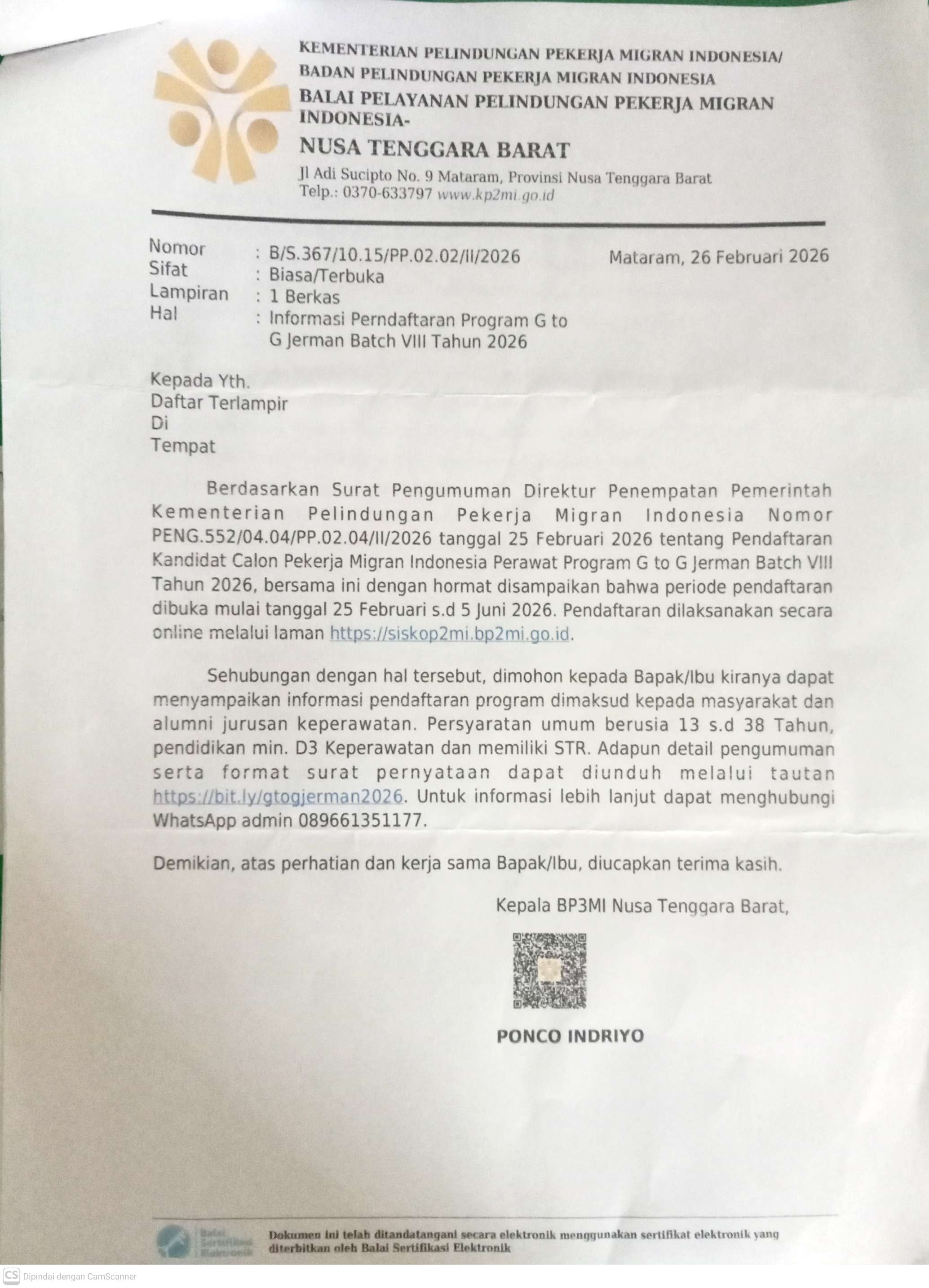 Pendaftaran Kandidat Calon Pekerja Migran Indonesia Perawat Program G to G Jerman VIII Tahun 2026