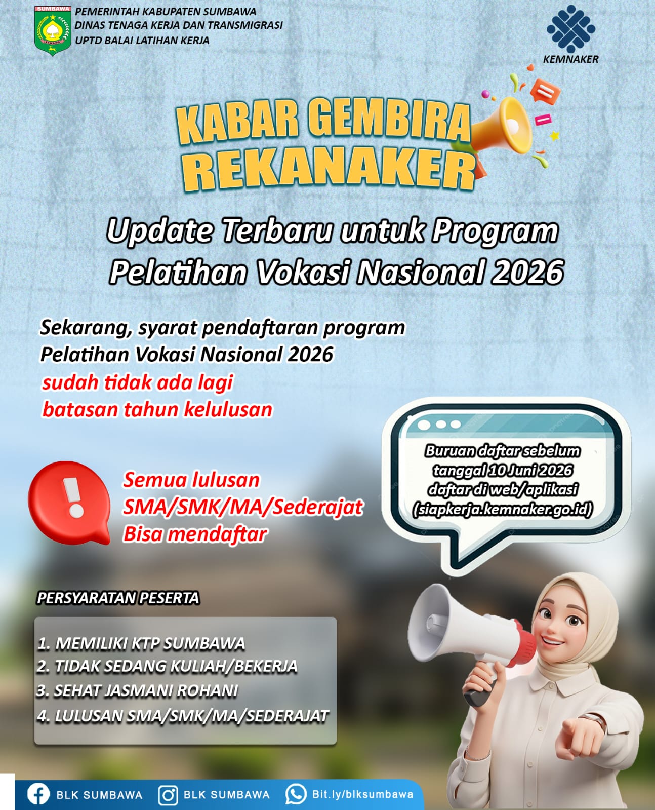 *Program Pelatihan Vokasi Nasional 2026 dari BLK Sumbawa GRATIS*