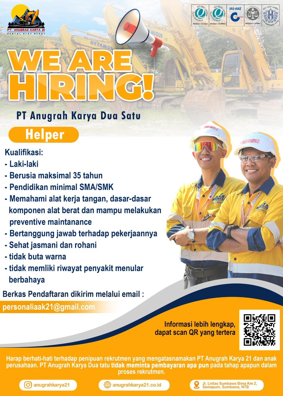 Lowongan Mekanik, Office Boy, Helper