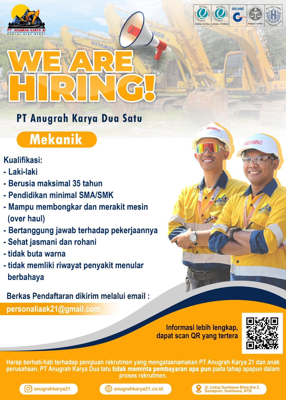 Lowongan Mekanik, Office Boy, Helper