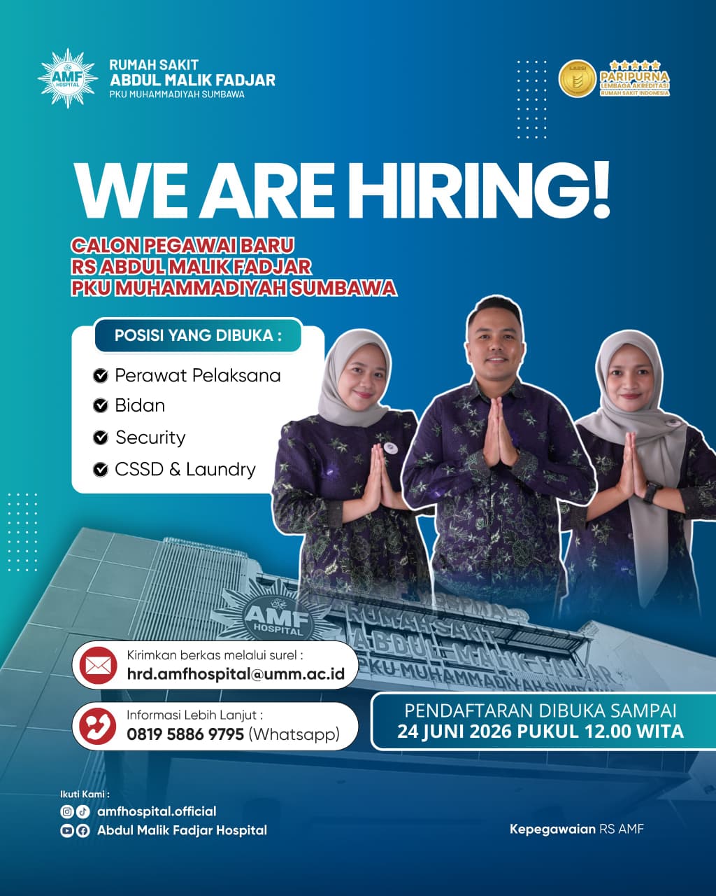 Lowongan Perawat Pelaksana, Bidan, Security, CSSD & Laundry