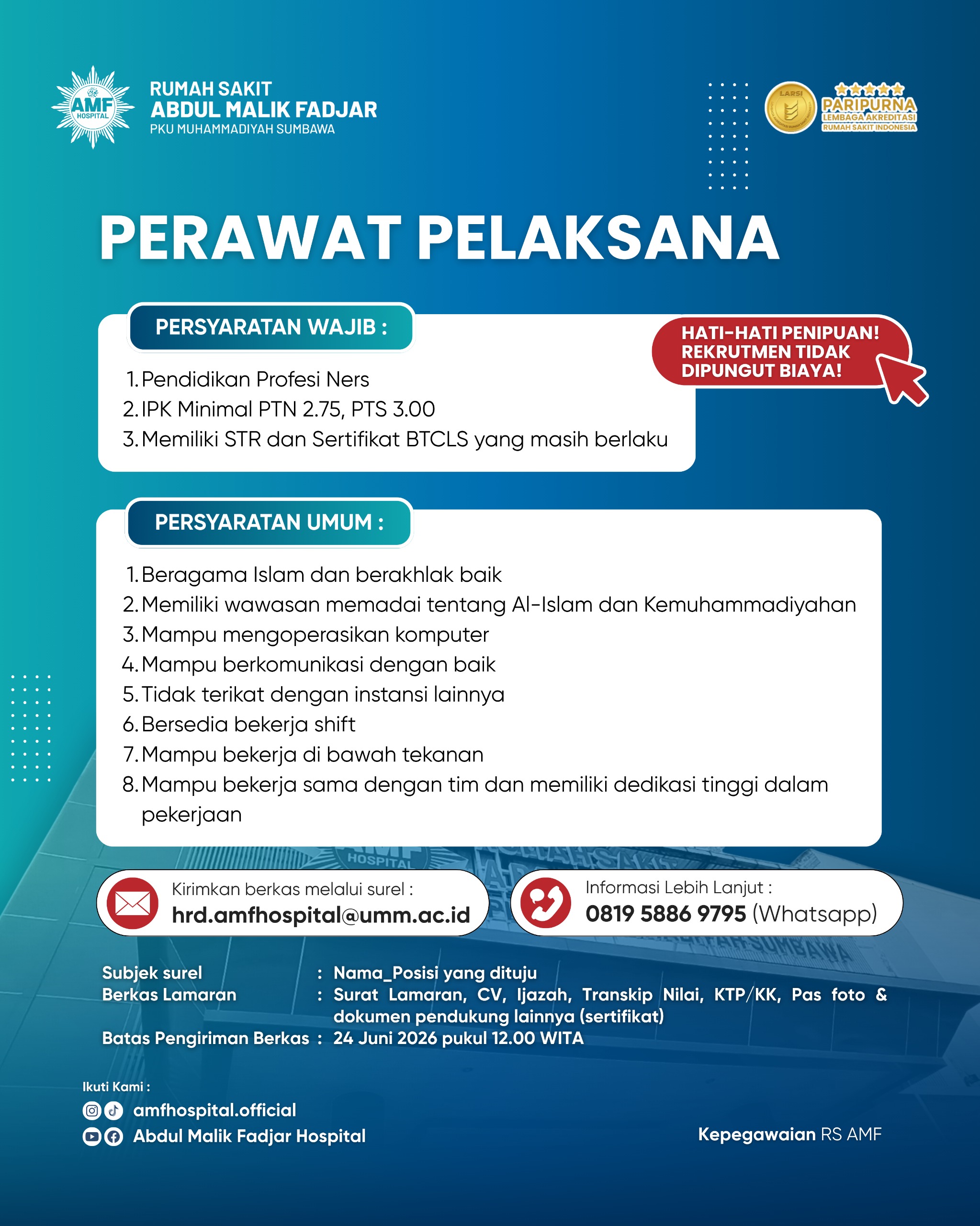 Lowongan Perawat Pelaksana, Bidan, Security, CSSD & Laundry