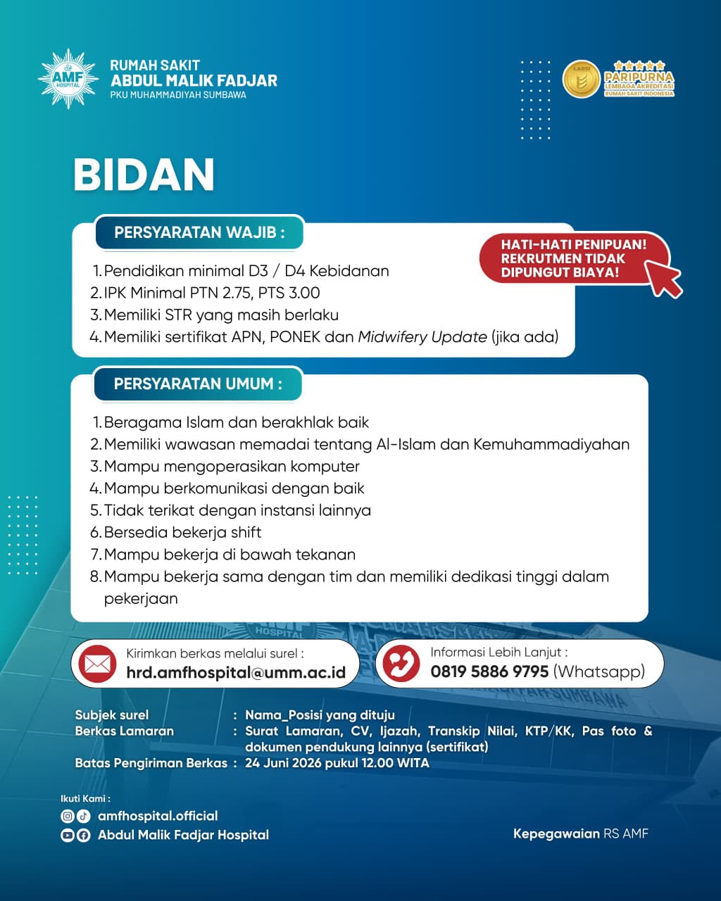 Lowongan Perawat Pelaksana, Bidan, Security, CSSD & Laundry