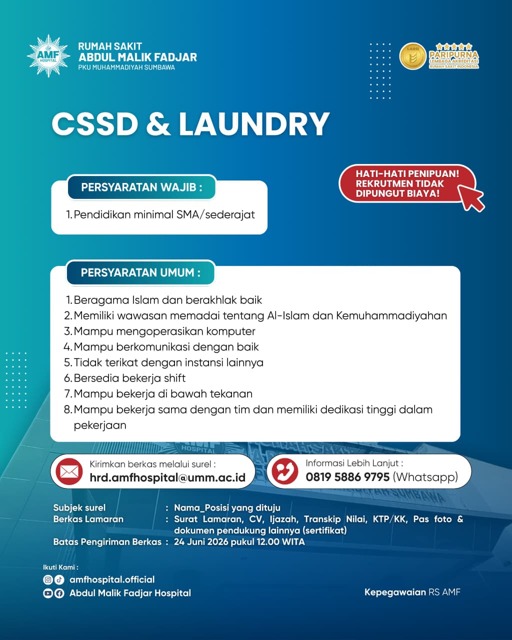 Lowongan Perawat Pelaksana, Bidan, Security, CSSD & Laundry