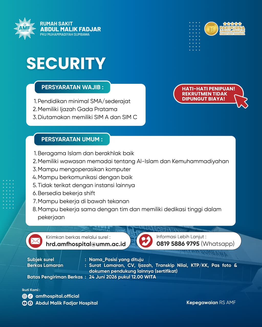 Lowongan Perawat Pelaksana, Bidan, Security, CSSD & Laundry